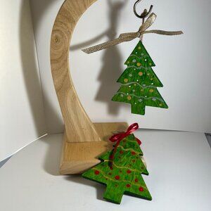 Handmade Wooden Christmas Tree Ornaments With Ribbon Bow - Green With Red & Gold